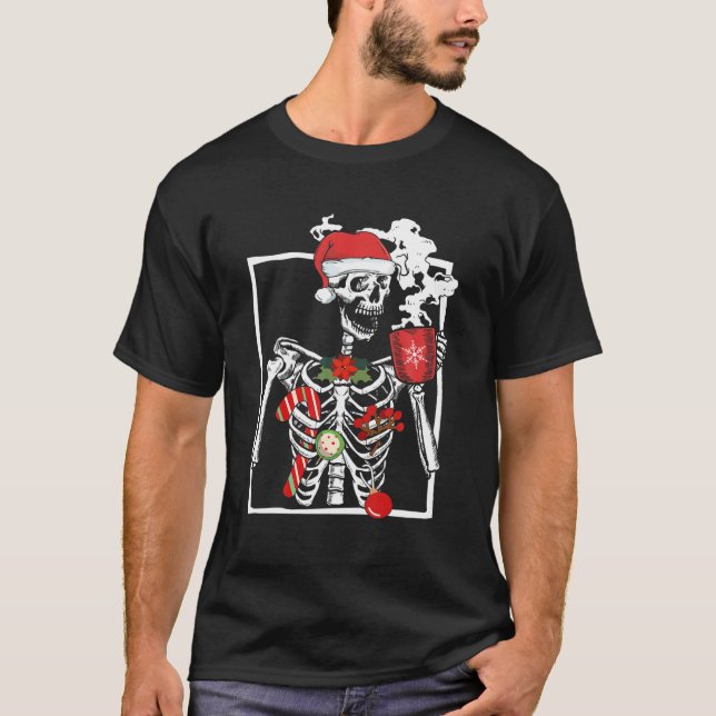 Smiling Skeleton Skull Drinking Coffee Latte Chris T-Shirt (Front)