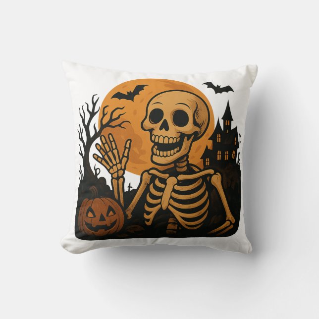 Smiling Skeleton with Pumpkin and Full Moon – Spoo Cushion (Front)