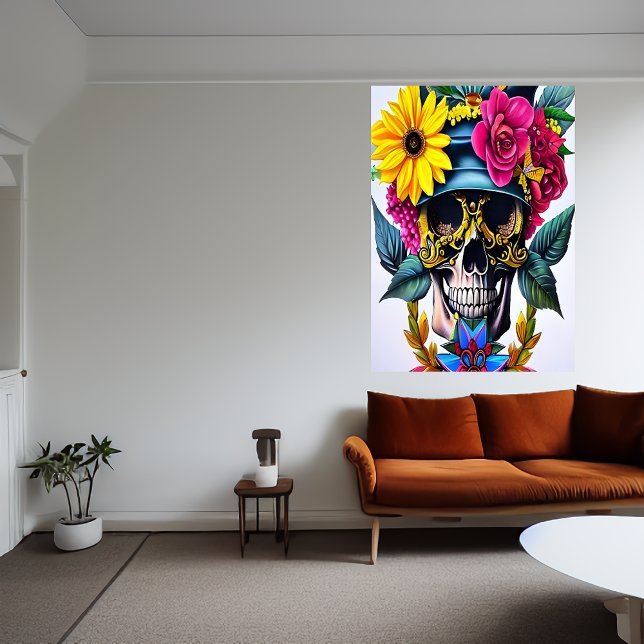 Smiling skull, golden glasses, flower hat | AI Art Poster (Creator Uploaded)