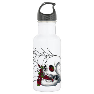 Smiling Skull with Red Roses and Spiderweb 532 Ml Water Bottle