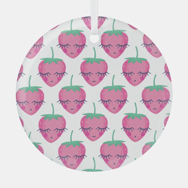 Smiling sleeping strawberries, cute pattern. glass tree decoration (Front)
