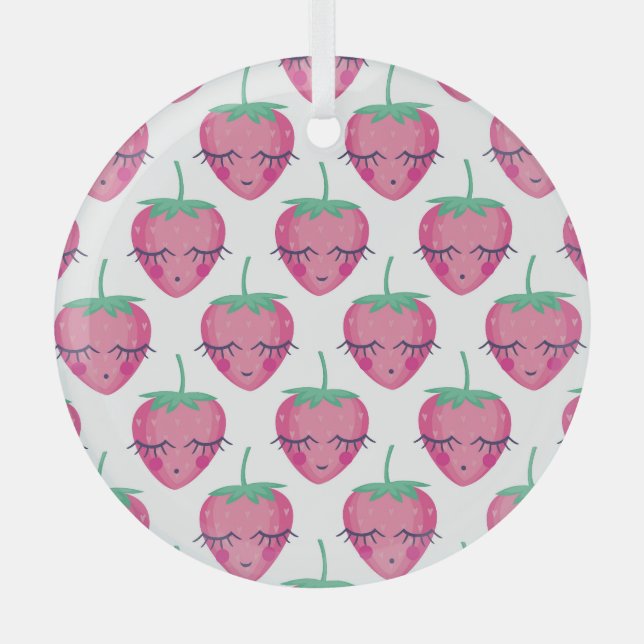 Smiling sleeping strawberries, cute pattern. glass tree decoration (Front)