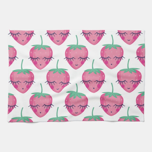 Smiling sleeping strawberries, cute pattern. tea towel (Horizontal)