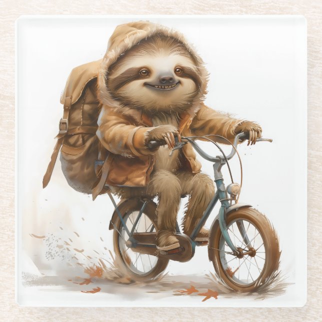 Smiling Sloth Cyclist Glass Coaster (Front)