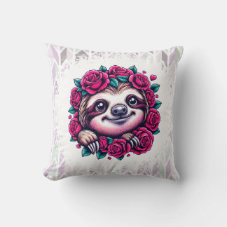 Smiling Sloth Surrounded by Roses Cushion