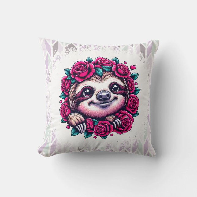 Smiling Sloth Surrounded by Roses Cushion (Front)
