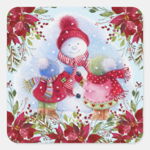 Smiling Snowman and Children Square Sticker