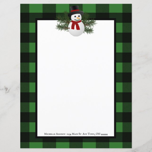 Smiling Snowman Buffalo Plaid Paper Stationery (Front)