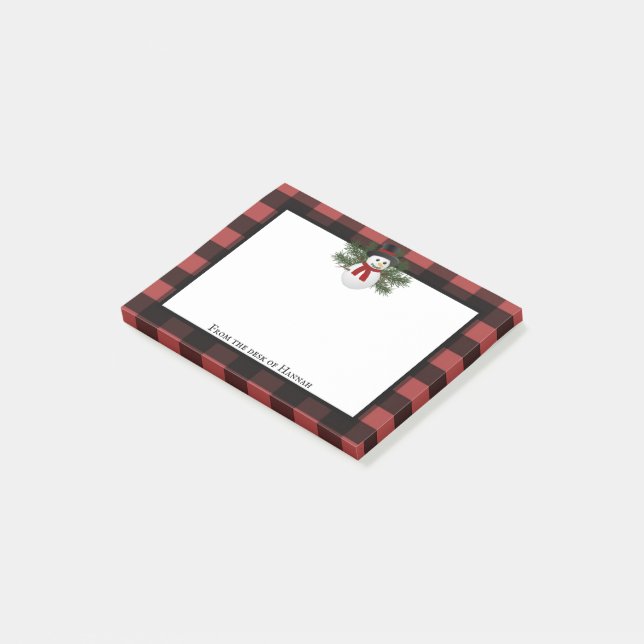  Smiling Snowman Buffalo Plaid Personalised Post-it Notes (Angled)