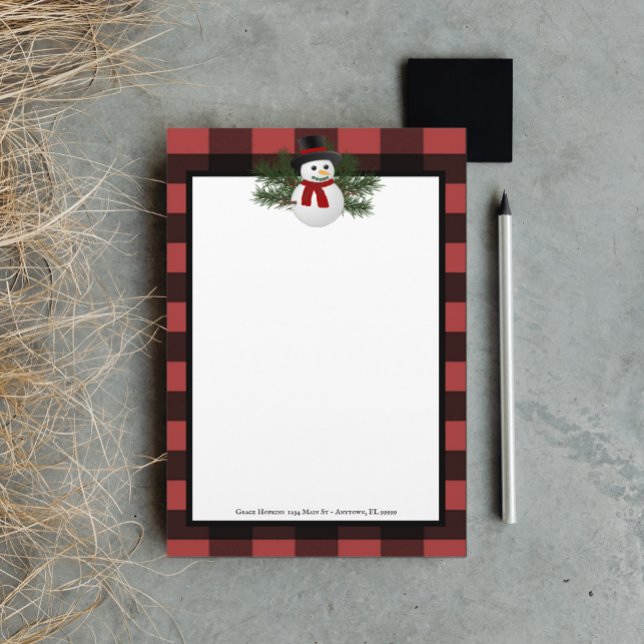 Smiling Snowman Buffalo Plaid Personalised Stationery (Creator Uploaded)