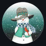 Smiling Snowman, Cardinal in a Snowstorm Stickers<br><div class="desc">The snowman grinned at the cardinal while the snow fell gently.</div>