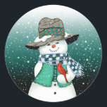 Smiling Snowman, Cardinal in a Snowstorm Stickers<br><div class="desc">The snowman grinned at the cardinal while the snow fell gently.</div>