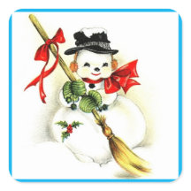 Smiling Snowman, Cute w/ Hat, Broom, Holly & Bows