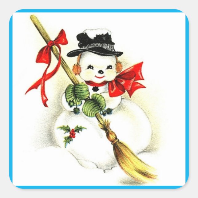 Smiling Snowman, Cute w/ Hat, Broom, Holly & Bows Square Sticker (Front)