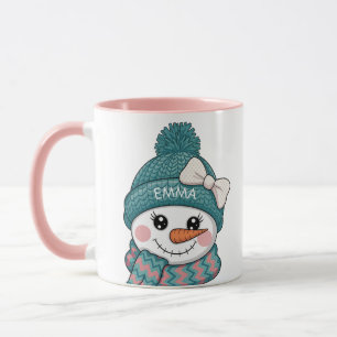 Smiling Snowman Face Name Christmas bow Mug