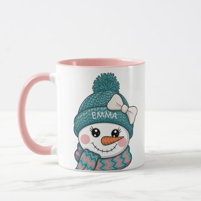 Smiling Snowman Face Name Christmas bow Mug (Left)