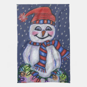 Smiling Snowman Hat Scarf Snow Christmas Lights Tea Towel