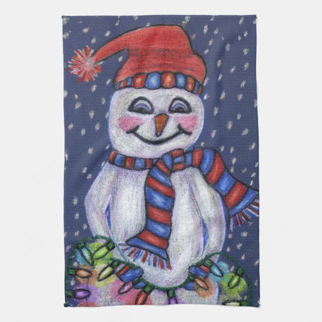 Smiling Snowman Hat Scarf Snow Christmas Lights Tea Towel (Vertical)