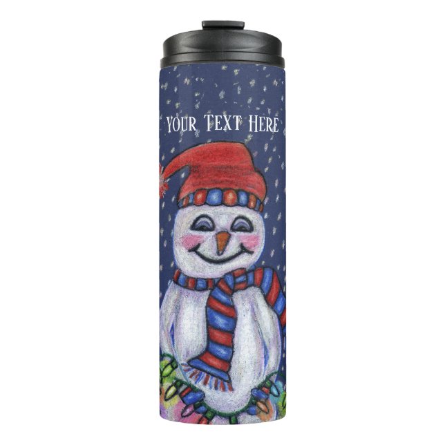 Smiling Snowman Hat Scarf String Christmas Lights Thermal Tumbler (Front)