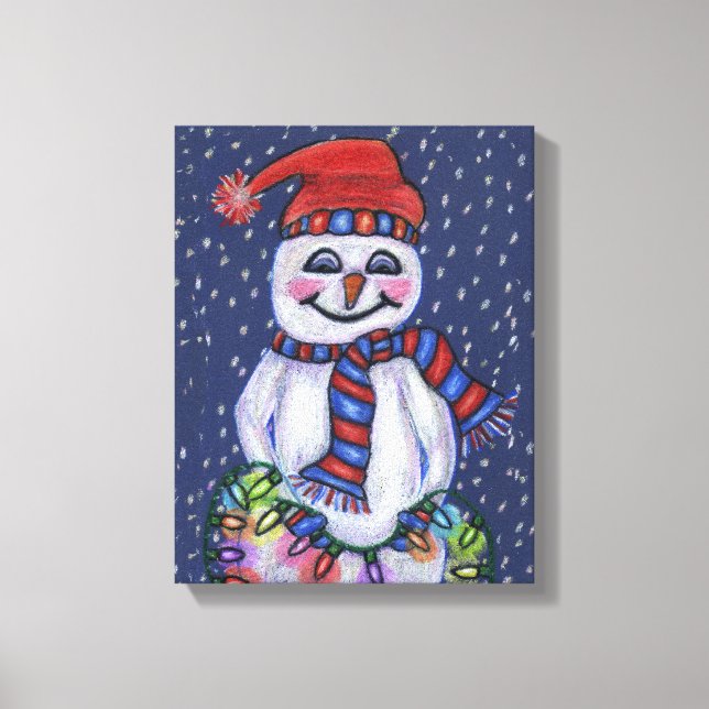 Smiling Snowman Holding Christmas Lights Snow Canvas Print (Front)