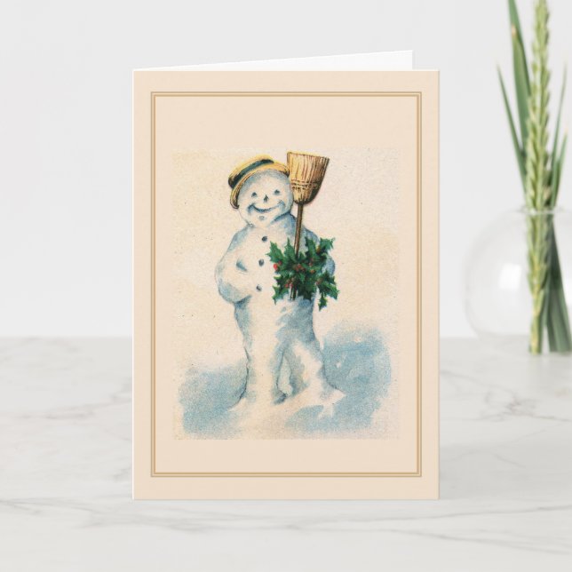 Smiling Snowman Holly Broom Vintage Christmas Card (Front)
