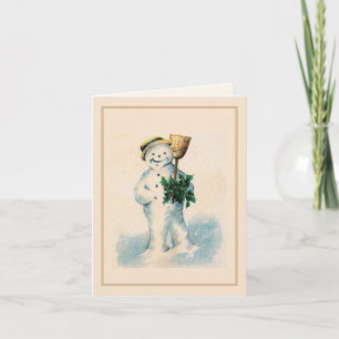 Smiling Snowman Holly Vintage Merry Christmas Holiday Card