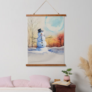 Smiling Snowman in a Winter Sunset Watercolor Hanging Tapestry