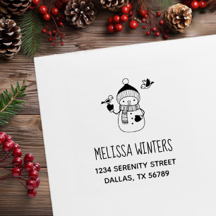 Smiling Snowman in Knitted Hat and Scarf Address 2 Rubber Stamp