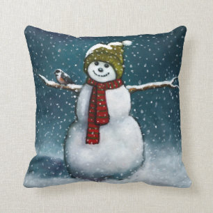 Smiling Snowman in Snow: Chickadee: Pastel Art Cushion