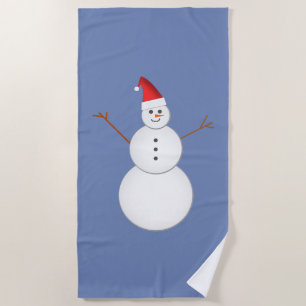 Smiling Snowman Wearing A Red Christmas Santa Hat Beach Towel
