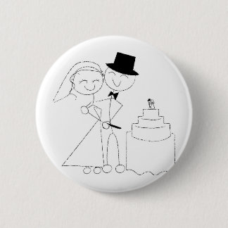 Smiling Stick Figure Couple Cuts the Wedding Cake 6 Cm Round Badge