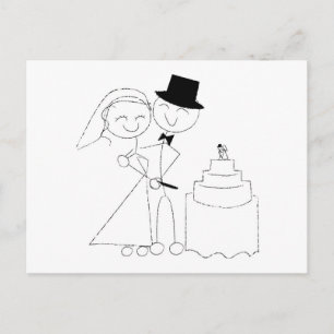 Smiling Stick Figure Couple Cuts the Wedding Cake Postcard