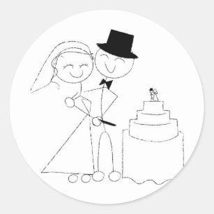 Smiling Stick Figure Couple Cuts Wedding Cake RSVP Classic Round Sticker
