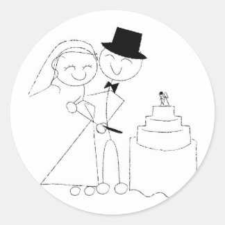 Smiling Stick Figure Couple Cuts Wedding Cake RSVP Classic Round Sticker