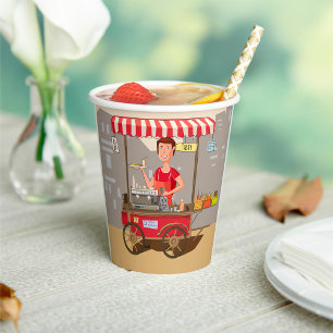 Smiling Street Food Vendor Colorful Food Cart Paper Cups