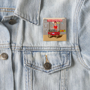 Smiling Street Food Vendor Colourful Food Cart 15 Cm Square Badge