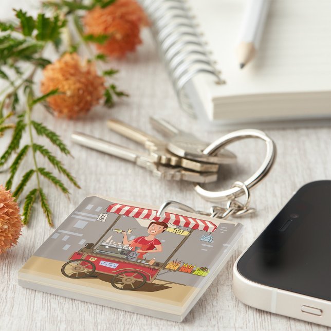 Smiling Street Food Vendor Colourful Food Cart Key Ring (Creator Uploaded)