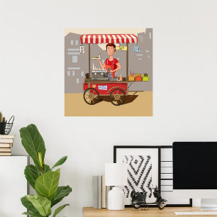 Smiling Street Food Vendor Colourful Food Cart Poster