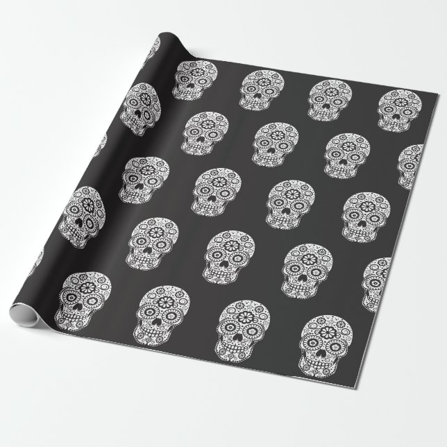 Smiling Sugar Skull Wrapping Paper (Unrolled)