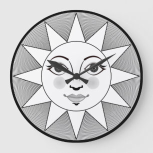 Smiling Sun Face Black and white Astronomy Symbol Large Clock
