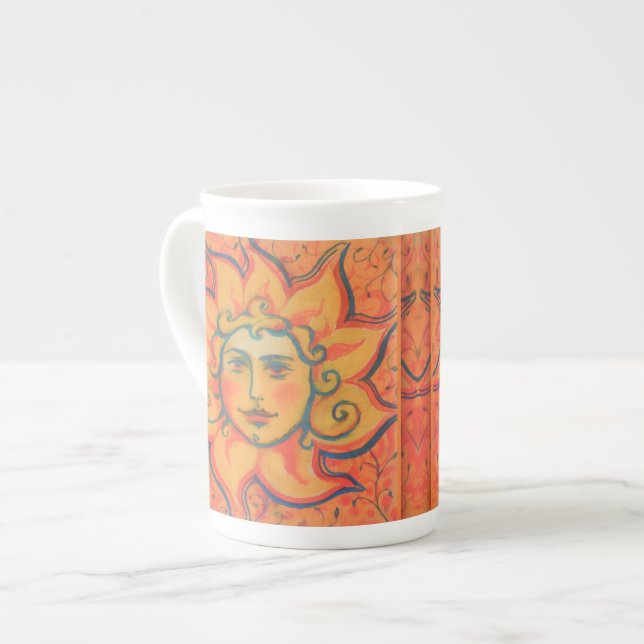 Smiling Sun, Fairytale Fantasy Art, Orange Yellow Bone China Mug (Front Left)