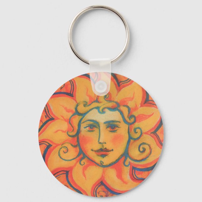 Smiling Sun, Fairytale Fantasy Art, Orange Yellow Key Ring (Front)