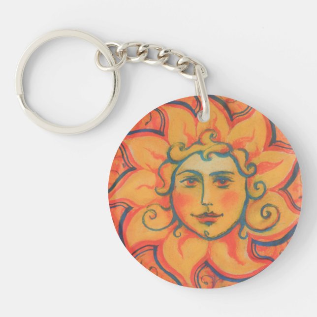 Smiling Sun, Fairytale Fantasy Art, Orange Yellow Key Ring (Front)