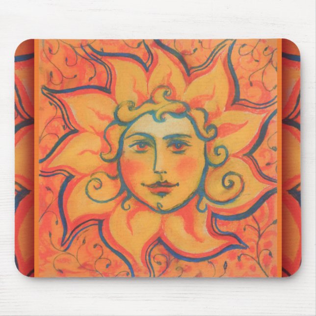Smiling Sun, Fairytale Fantasy Art, Orange Yellow Mouse Mat (Front)