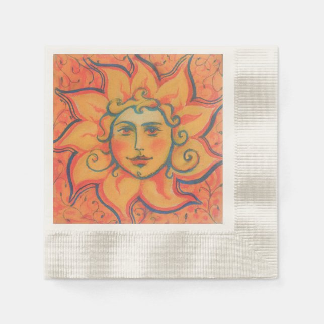 Smiling Sun, Fairytale Fantasy Art, Orange Yellow Napkin (Front)