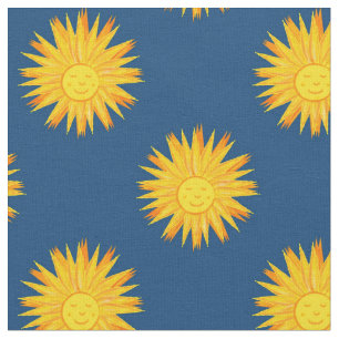 Smiling Sun on Blue-Modern Celestial  Patterned Fabric