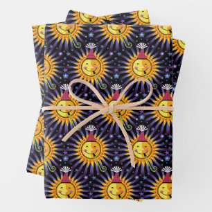 Smiling Sun Stars With Party Hat birthday Blower Wrapping Paper Sheet