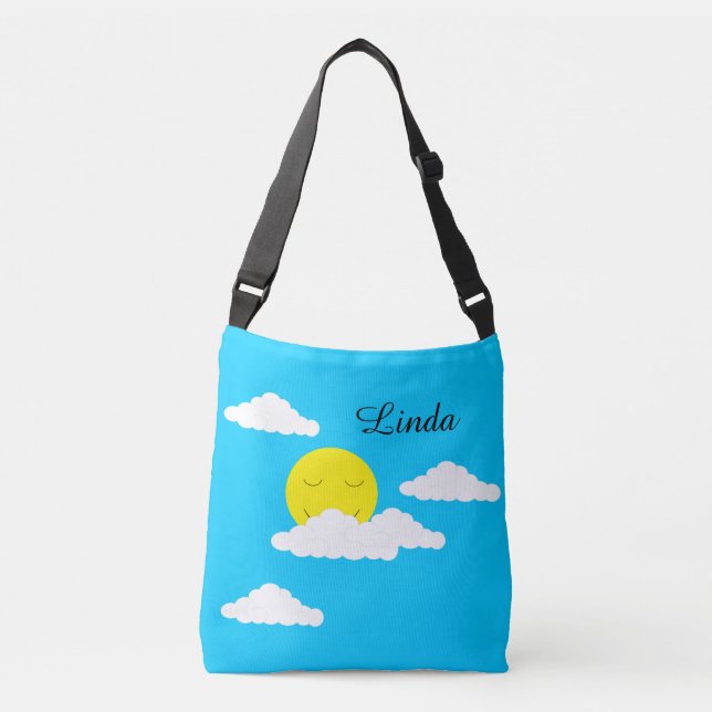 Smiling Sun with Clouds:  Turquoise  Crossbody Bag (Front)