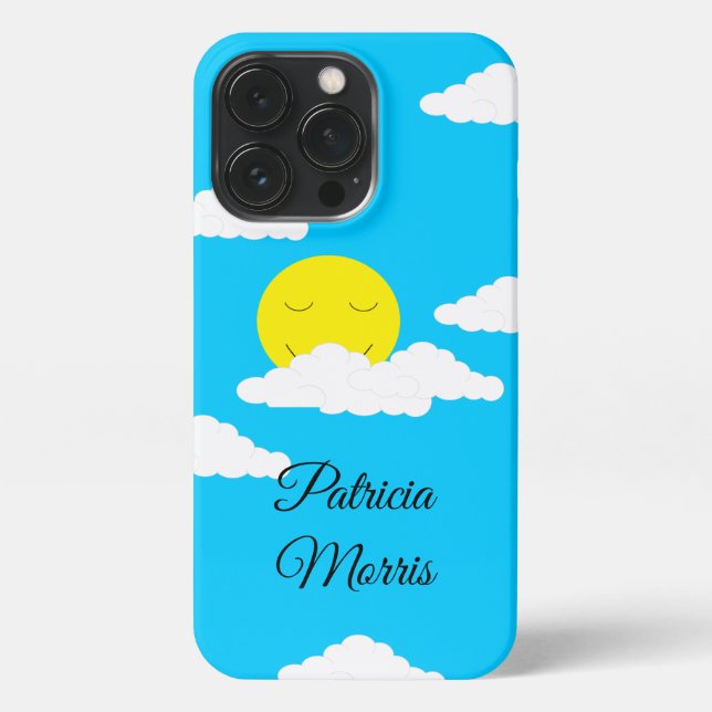 Smiling Sun with Clouds: Turquoise iPhone Case (Back)