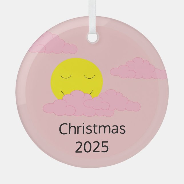 Smiling Sun with Popcorn Clouds: Hazy Pink Glass Tree Decoration (Front)